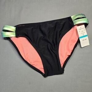 Von Maur Black Bikini Bottoms NEW Metallic Blue Straps Stretch Womens 16 Juniors